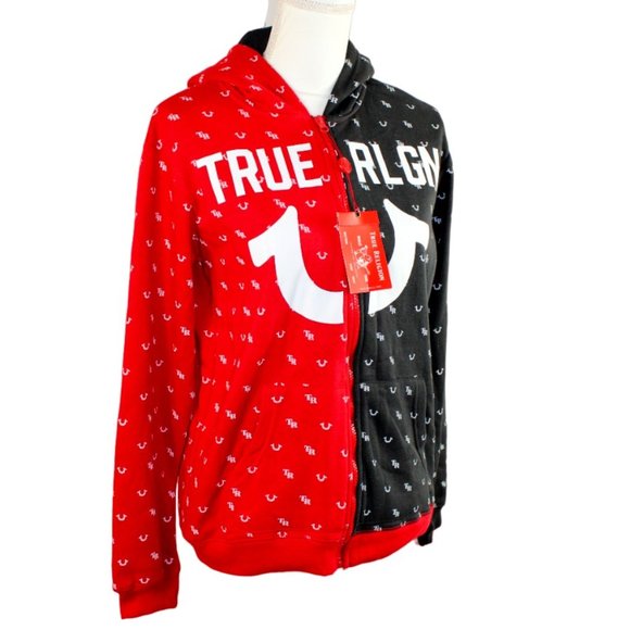 True Religion Zip Up Red White Black Logo Hoodie, Size Large (NWT) - Picture 2 of 6